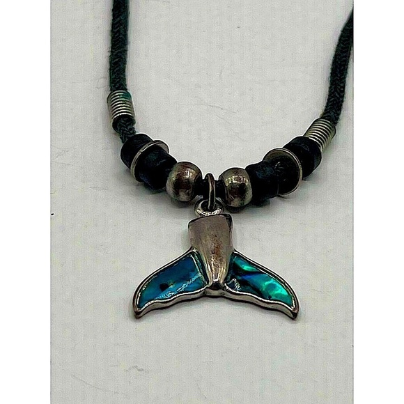 Vintage Jewelry - Handcrafted Whale Tail Necklace With Blue Inlay & Beaded Cord For Ocean Lovers